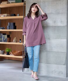 Tiaclasse   【洗える】バックシャーリングスキッパーチュニックブラウス