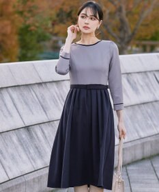 Tiaclasse L 【洗える】バックルベルト付き配色フレアワンピース