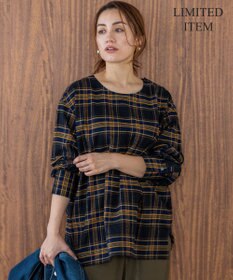 23区 L 【Lサイズ限定】ブラッシュド ビエラチェック ノーカラーブラウス