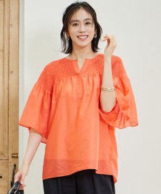 自由区 【洗える】シルクコットンローンスモッキング刺繍 ブラウス マンダリン