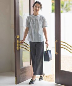 J.PRESS LADIES L 【洗える】麻ポリエステルストレッチ ワイド パンツ