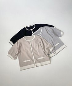 Feroux 【洗える】バイカラーハーフスリーブ カーディガン