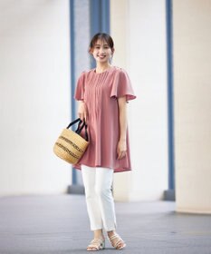 Tiaclasse 【洗える】麻調ピンタックチュニックブラウス