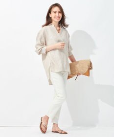 自由区 【洗える】リネンストライプ スキッパーブラウス