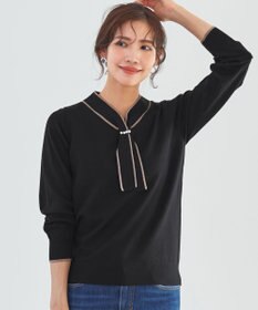 Tiaclasse 【洗える】パール付き配色ボウタイニットトップス