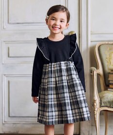 ANY KIDS チェック柄 ドッキング ワンピース ブラック×チェック