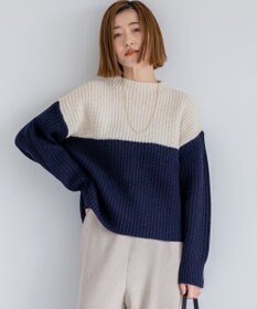 23区 L 【洗える】ウールカシミヤ カラーブロック バルキー ニット ライトベージュ×ネイビー