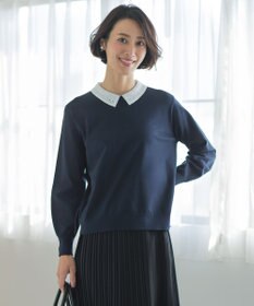 J.PRESS LADIES レーヨンストレッチ 刺繡襟 ニット ネイビー×オフ系
