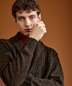 JOSEPH ABBOUD 【イタリア糸使用/軽く暖かい】 ラムウールケーブル柄ショールカラーカーデ