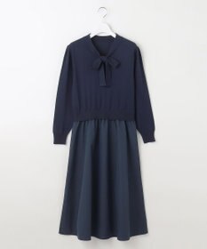 Feroux 【洗える】ニットドッキング ボウタイワンピース