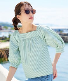 Tiaclasse L 【洗える】ストライプパフスリーブブラウス