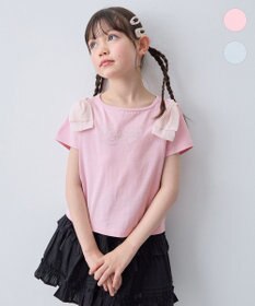 ANY KIDS 【綿100%】肩リボン×ラインストーンロゴ 半袖Tシャツ ピンク
