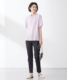 J.PRESS LADIES 【洗える】綿キュプラコードストライプ キーネック ブラウス