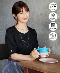 Tiaclasse L 【小倉優子さん着用・洗える・接触冷感・汗ジミ防止】“サマさまカットソー”パール付きパフスリーブトップス