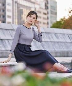 Tiaclasse L 【洗える】バックルベルト付き配色フレアワンピース