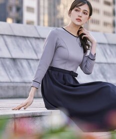 Tiaclasse L 【洗える】バックルベルト付き配色フレアワンピース