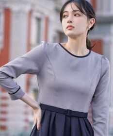 Tiaclasse L 【洗える】バックルベルト付き配色フレアワンピース