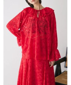 Green Parks シアージャガード花柄フリルブラウス