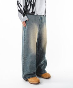 WEGO 【ユニセックス着用ITEM】スーパーバギーラインストーンデニムパンツ