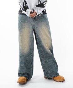 WEGO 【ユニセックス着用ITEM】スーパーバギーラインストーンデニムパンツ