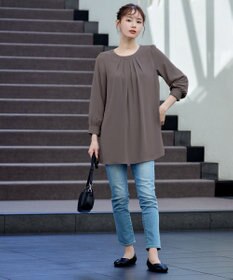 Tiaclasse L 【新色追加・洗える】裏起毛ジョーゼット胸元タックチュニックブラウス