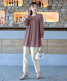 Tiaclasse L 【新色追加・洗える】裏起毛ジョーゼット胸元タックチュニックブラウス