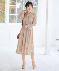 Tiaclasse 【洗える】程良い透け感のプリントボウタイワンピース