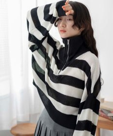 WEGO ボーダーハーフジップニットプルオーバー