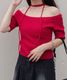 WEGO チョーカーリボン付きオフショルニット