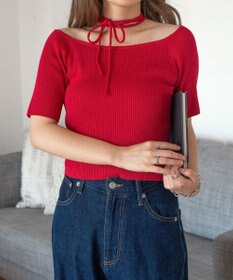 WEGO チョーカーリボン付きオフショルニット