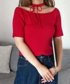 WEGO チョーカーリボン付きオフショルニット