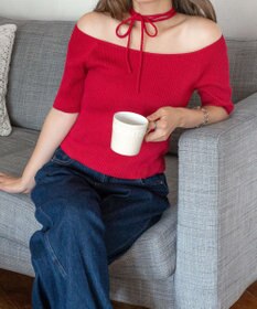 WEGO チョーカーリボン付きオフショルニット