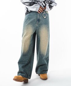WEGO 【ユニセックス着用ITEM】スーパーバギーラインストーンデニムパンツ