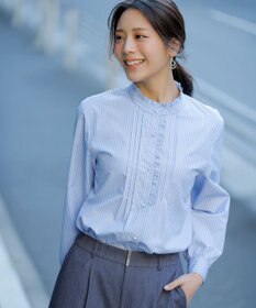 ANY SIS フリルスタンド シャツ ブルーストライプ