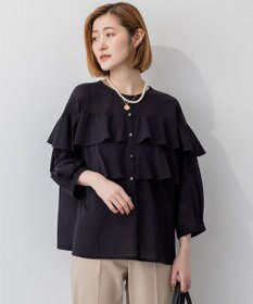 23区 【Oggi9月号掲載/洗える】クリアトリコットジャージー フリルデザイン カットソー ブラック系