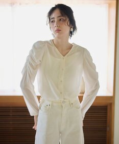 #Newans 【洗濯機可／ 前後着用可】 ギャザースリーブシアーベロアカーディガン