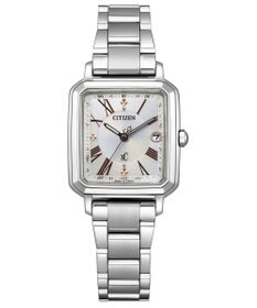 CITIZEN 【替えバンド付き電波時計】電池交換不要のスクウェア2wayモデル シルバーカラー×グレージュバンド ES9500-51A