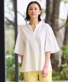 自由区 L 【洗える】ストレッチシャーティング 5分袖 フレアスリーブブラウス