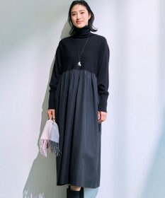 23区 【洗える】ギャザーコンビ ニットワンピース ネイビー系
