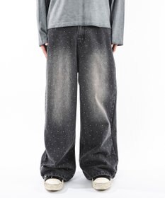 WEGO 【ユニセックス着用ITEM】スーパーバギーラインストーンデニムパンツ