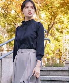 Tiaclasse L 【洗える】襟刺繍ピンタックブラウス