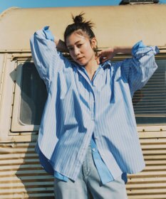 UNFILO 【WEB限定カラー】コットン オーバーシャツ ストライプ(ブルー×オフ)