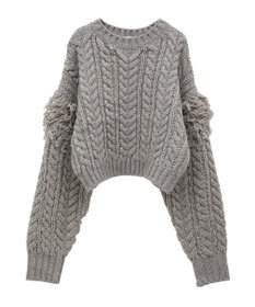 Green Parks フリンジスリーブショート丈ケーブルニット