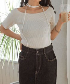 WEGO チョーカーリボン付きオフショルニット