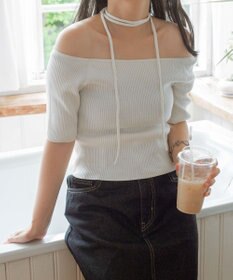 WEGO チョーカーリボン付きオフショルニット