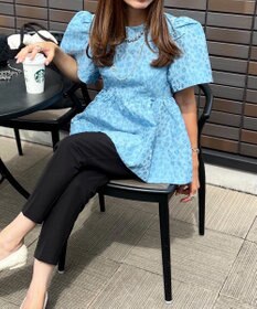 Green Parks パフスリーブジャガードペプラムブラウス