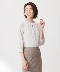 J.PRESS LADIES シャドーストライプ スリットフリルネック カットソー