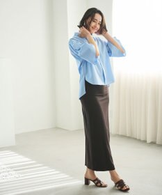 #Newans 【洗濯機可能/シワになりにくい】〈お尻・太ももをカバー〉フレアスリーブイタリアンカラーシャツ