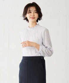 J.PRESS LADIES S カチオンストライプ フリルネック バンドカラー カットソー