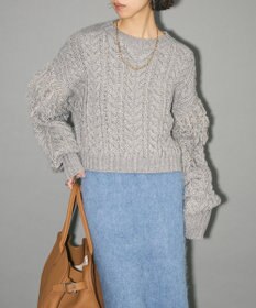 Green Parks フリンジスリーブショート丈ケーブルニット